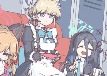 +++ 3girls animal_ear_headphones animal_ears apron aris_(blue_archive) black_dress black_gloves black_hairband blonde_hair blue_archive blue_eyes bun_cover cat_ear_headphones cat_ears closed_eyes closed_mouth collared_shirt controller couch crying dress eka1547 fake_animal_ears fingerless_gloves game_controller gloves hairband halo headphones headset holding holding_controller holding_game_controller locker long_hair long_sleeves maid maid_headdress momoi_(blue_archive) multiple_girls open_mouth orange_hair playing_games shirt tears toki_(blue_archive) white_apron white_shirt