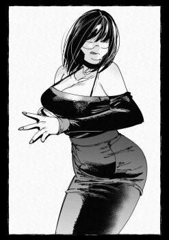 1girl :p black_border border breasts choker cleavage detached_sleeves dress greyscale hachinuki_tessei jimiko jitome large_breasts mob_face moire monochrome original round_eyewear semi-rimless_eyewear she_(hachinuki_tessei) solo tongue tongue_out under-rim_eyewear white_background