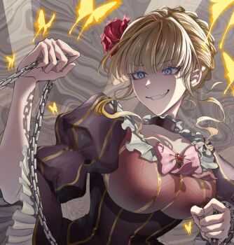 1girl artist_name beatrice_(umineko) blonde_hair blue_eyes bow breasts dress evil_grin evil_smile flower grin hair_flower hair_ornament highres holding holding_leash large_breasts leash pink_bow red_dress red_flower short_hair smile solo soresono88 umineko_no_naku_koro_ni