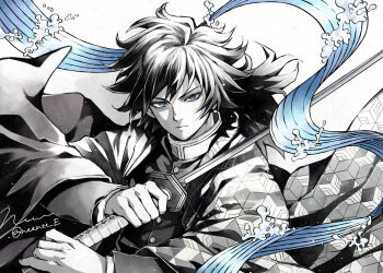 1boy blue_eyes brandishe buttons commentary_request demon_slayer_uniform empty_eyes hair_between_eyes haori high_collar highres holding holding_sword holding_weapon jacket japanese_clothes katana kikkoumon kimetsu_no_yaiba long_hair low_ponytail male_focus partially_colored ponytail print_haori solo spiked_hair sword tomioka_giyuu water weapon