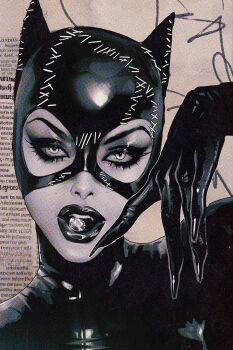 1girl animal_ears batman_(series) black_bodysuit black_lips bodysuit cat_ears catsuit catwoman catwoman_costume_(batman_returns) comic_cover commentary crude_stitches dc_comics diamond_(gemstone) english_commentary fingernails greyscale_with_colored_background highres long_fingernails mask selina_kyle solo sozomaika stitches