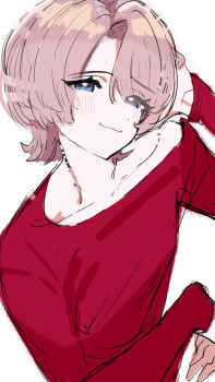 1girl arimura_mao asymmetrical_bangs blush collarbone commentary_request gakuen_idolmaster highres idolmaster kasasagi_(futagodori888) long_sleeves looking_at_viewer pink_hair purple_eyes red_shirt shirt short_hair simple_background smile solo upper_body white_background