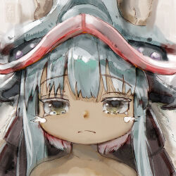 Rule 34 | 1other, animal ears, body fur, brown fur, closed mouth, colored eyelashes, eyelashes, furry, green eyes, highres, horizontal pupils, long hair, looking at viewer, made in abyss, nanachi (made in abyss), other focus, paper texture, portrait, rabbit ears, simple background, solo, whiskers, white background, white hair, yth tk