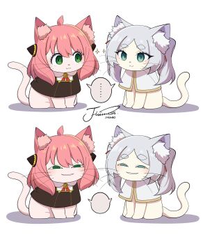 ... 2girls :3 absurdres ahoge animal animal_ear_fluff animal_ears animalization anya&#039;s_heh_face_(meme) anya_(spy_x_family) capelet cat cat_ears cat_tail clothed_animal commentary crossover eyelashes frieren gold_trim green_eyes grey_hair highres imitating j_humbo meme multiple_girls pink_hair shared_speech_bubble signature simple_background sousou_no_frieren sparkle speech_bubble spoken_ellipsis spy_x_family symbol-only_commentary tail tanezaki_atsumi voice_actor_connection whiskers white_background white_capelet