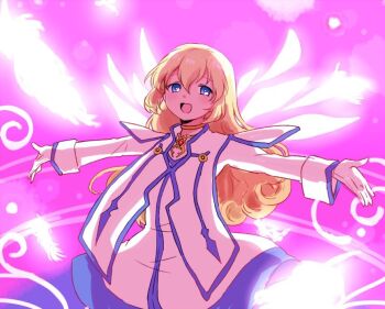 1girl blonde_hair blue_eyes blue_trim chest_jewel colette_brunel dress falling_feathers feathers floating_hair gloves gold_choker hashtag-only_commentary jacket kogeharu long_hair looking_at_viewer outstretched_arms purple_background tales_of_(series) tales_of_symphonia white_dress white_gloves white_jacket wings