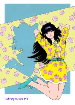 Rule 34 | 1girl, aqua belt, aqua shoes, arms behind head, arms up, asaoka natsumi, belt, belt buckle, black hair, brown eyes, buckle, collared shirt, commentary request, copyright name, dress, drop shadow, floral print, floral print shirt, floral print skirt, flower, full body, hairband, highres, legs up, long hair, miura mitsuru, official artist extra, open mouth, pink flower, print skirt, purple hairband, shirt, shoes, skirt, smile, solo, teeth, the kabocha wine, upper teeth only, yellow dress, yellow shirt, yellow skirt