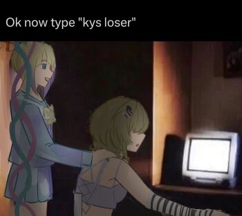 2girls blue_serafuku bow chouzetsusaikawa_tenshi-chan computer hair_bow highres meme monitor multiple_girls multiple_hair_bows needy_girl_overdose ok_now_type_kill_yourself_loser_(meme) para_para quad_tails rinkou_ashelia school_uniform serafuku sitting yellow_bow