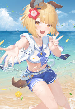 1girl :d absurdres animal_ears bare_shoulders belt belt_buckle blonde_hair blue_shorts blue_sky breasts brown_eyes buckle cg_(2686805355) cloud commentary_request day dog_ears dog_girl dog_tail drawstring fang flower granblue_fantasy hair_flower hair_ornament highres hood hood_down hooded_jacket horizon jacket looking_at_viewer navel ocean open_mouth outdoors outstretched_arm red_flower short_hair short_shorts shorts sky sleeveless sleeveless_jacket small_breasts smile solo tail v vajra_(granblue_fantasy) water water_drop white_belt white_jacket