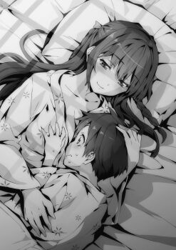 1boy 1girl accidental_touch age_difference aged_down awkward bed bedroom black_hair blush bow breasts child cleavage embarrassed face_to_breasts grabbing_another&#039;s_breast groping half-closed_eyes hida_kizuna highres himekawa_hayuru hisasi hug japanese_clothes kimono long_hair lying masou_gakuen_hxh medium_breasts monochrome nervous night novel_illustration official_art on_bed on_side pillow short_hair shota smile sweatdrop teenage_girl_and_younger_boy twintails wavy_mouth window_shade yukata