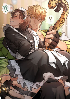 !? 2boys ? ^^^ alternate_costume animal_ears apron ass black_bow black_dress black_gloves black_pants blonde_hair blurry blurry_background blush bow brown_eyes brown_hair clenched_teeth closed_mouth crossdressing crossdressing_(mtf) depth_of_field dress eiden_(nu_carnival) eiden_(sweet_heart_attack)_(nu_carnival) enmaided fingerless_gloves frilled_apron frilled_dress frills gloves green_jacket hair_between_eyes hand_on_another's_thigh highres holding holding_another's_tail indoors jacket jaguar_boy jaguar_ears jaguar_tail jewelry kemonomimi_mode long_sleeves looking_at_another looking_back maid maid_apron maid_headdress male_focus male_maid miyamoyan multiple_boys nu_carnival on_person pants parted_lips pectorals profile puffy_sleeves quincy_(nu_carnival) ribbon ring short_hair sitting sitting_on_lap sitting_on_person speech_bubble straddling tail tail_bow tail_grab tail_ornament teeth thigh_grab thigh_strap thighhighs trembling white_apron yaoi