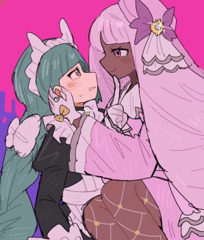 2girls apron ascot black_romper blush bow braid braided_ponytail closed_mouth dark-skinned_female dark_skin dress fascinator fishnet_pantyhose fishnets frilled_ascot frills glove_bow gloves green_hair hair_ornament han0579 highres jacinthe_(pokemon) juliet_sleeves lebanne_(pokemon) long_hair long_sleeves looking_at_another low_drills maid maid_apron maid_headdress master_and_servant mega_stone multiple_girls nintendo pantyhose parted_lips pokemon pokemon_legends:_z-a puffy_sleeves purple_dress purple_eyes purple_hair romper simple_background smile sweatdrop very_dark_skin white_gloves yuri
