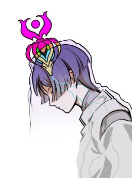 Rule 34 | 1boy, blunt ends, closed eyes, closed mouth, clothing cutout, colored veins, core, daydreeaaaming, facing down, from side, genshin impact, grey kimono, grey sleeves, head down, highres, japanese clothes, kariginu, kimono, male focus, profile, purple hair, purple veil, scaramouche (genshin impact), scaramouche (kabukimono) (genshin impact), see-through clothes, see-through veil, shoulder cutout, solo, veil, white sleeves