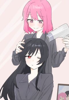 2girls amaori_renako black_hair hair_dryer highres holding holding_hair_dryer idimushoten koto_satsuki long_hair multiple_girls no_hair_ornament one_eye_closed pink_hair short_hair smile watashi_ga_koibito_ni_nareru_wake_naijan_murimuri!