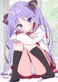 1girl absurdres ass black_ribbon blue_eyes blush closed_mouth commentary_request full_body hair_ribbon head_tilt highres hiiragi_kagami hiiragisensei kneehighs knees_together_feet_apart long_hair long_sleeves looking_at_viewer lucky_star no_shoes panties pleated_skirt purple_hair ribbon ryouou_school_uniform sailor_collar school_uniform serafuku shirt sitting skirt socks solo twintails underwear very_long_hair white_panties white_shirt