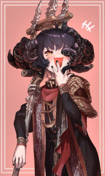 +++ 1girl absurdres ahoge black_dress black_hair black_nails blush commentary_request covering_own_mouth crossed_bangs curled_horns dress ekrea_jan elden_ring fewer_digits genderswap genderswap_(mtf) highres holding holding_polearm holding_weapon horns laughing long_sleeves looking_at_viewer missing_eye mohg_lord_of_blood notice_lines ojou-sama_pose polearm red_background short_hair simple_background slit_pupils solo stole tongue weapon yellow_eyes