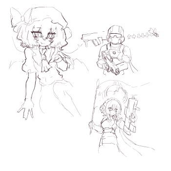 Rule 34 | 1boy, 2girls, absurdres, ar-23 liberator, armor, bow, bowtie, braid, cape, flag, full armor, hat, helldiver (helldivers), helldivers (series), helmet, highres, holding, holding flag, holding weapon, izayoi sakuya, looking at viewer, maid headdress, mob cap, monochrome, multiple girls, rampa93, remilia scarlet, short hair, simple background, stratagem (helldivers), touhou, twin braids, unfinished, weapon, white background, wings