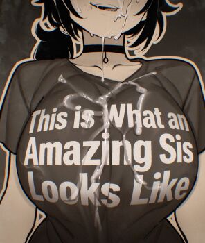 Rule 34 | 1girl, ashley graves, black hair, black shirt, breasts, choker, cum, cum on body, deitysexual, facial, highres, implied incest, large breasts, licking lips, medium hair, narrow waist, no eyes, ponytail, saliva, shirt, short ponytail, t-shirt, the coffin of andy and leyley, tongue, tongue out