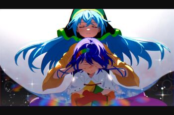2girls blue_hair cape cloud cloudy_sky covering_another's_eyes crying dress green_headscarf green_headwear hairband haniyasushin_keiki headscarf highres jewelry long_hair long_sleeves magatama magatama_necklace maisuiren multicolored_clothes multicolored_hairband multiple_girls necklace patchwork_clothes short_hair sky sky_print tenkyuu_chimata touhou yellow_dress zipper