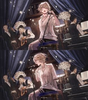 1girl 3boys 9lana arm_support blue_eyes bouquet braid breast_pocket buttons closed_eyes collared_shirt curtains denn_(naluse_flow) doll_joints double_bass flower grey_hair guitar hand_up highres holding holding_microphone indie_utaite indoors instrument jewelry joints lamp light_particles loose_clothes loose_shirt microphone microphone_stand multiple_boys multiple_necklaces multiple_views music necklace on_stool open_mouth petals piano piano_bench playing_guitar playing_instrument playing_piano pocket shirt short_sleeves side_braid singing single_braid sitting smile song_name split_screen table vase white_shirt