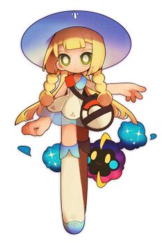 1girl bad_id bad_pixiv_id bag bare_arms blonde_hair blue_footwear blunt_bangs braid bright_pupils closed_mouth collarbone collared_dress cosmog dress duffel_bag eyes_visible_through_hair flat_chest floating floating_hair frown full_body gen_7_pokemon green_eyes handbag hat highres kneehighs legendary_pokemon lillie_(pokemon) long_hair looking_at_viewer mori_(pixiv13081206) nintendo poke_ball_theme pokemon pokemon_(creature) pokemon_sm see-through_clothes shoes short_dress simple_background sleeveless sleeveless_dress smile socks sparkle standing static strap sun_hat sundress texture twin_braids white_background white_dress white_hat white_socks yellow_eyes