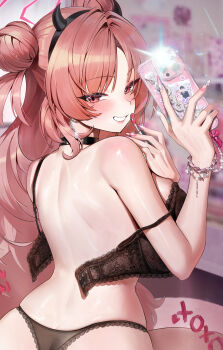 1girl absurdres applying_makeup ass back black_bra blue_archive bra bracelet breasts cellphone chochomi comiket_107 commentary_request cropped double_bun earrings fake_horns fake_nails grin gyaru hair_bun halo highres holding holding_phone horns jewelry kirara_(blue_archive) large_breasts looking_at_viewer open_bra phone pink_eyes pink_hair pink_halo pink_nails selfie sideboob smartphone smile solo underwear