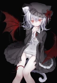 1girl alternate_costume animal_ear_fluff animal_ear_piercing animal_ears arm_at_side bat_wings black_background black_dress black_hat bow cat_ears cat_girl cat_tail closed_mouth colored_eyelashes commentary_request cowboy_shot cross cross-laced_headwear cross-laced_slit crossed_bangs crotch_seam dot_nose double-parted_bangs dress expressionless flipped_hair frilled_dress frilled_sleeves frills glaring gothic_lolita hair_between_eyes hand_on_own_chin hand_up hat hat_bow hat_over_one_ear highres inverted_cross invisible_chair kemonomimi_mode leg_ribbon lolita_fashion long_sleeves looking_at_viewer low_wings mob_cap multiple_piercings neck_ribbon old_school_swimsuit one-piece_swimsuit open_clothes open_dress paid_reward_available petite pointy_ears red_bow red_eyes red_ribbon red_wings remilia_scarlet ribbon ruliso school_swimsuit short_dress short_hair side_ahoge signature simple_background sitting solo stroking_own_chin swimsuit swimsuit_under_clothes tail taut_clothes taut_swimsuit thigh_gap thigh_ribbon touhou v-shaped_eyebrows white_eyelashes white_hair white_one-piece_swimsuit white_tail wide_sleeves wing_collar wing_ribbon wings