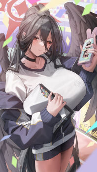 1girl about_fg absurdres black_hair black_wings blue_archive blue_jacket blue_shorts blush breasts cellphone choker clipboard commentary_request feathered_wings hair_between_eyes halo hasumi_(blue_archive) hasumi_(track)_(blue_archive) high_ponytail highres huge_breasts jacket long_hair long_sleeves looking_at_viewer phone ponytail red_eyes shirt short_shorts shorts solo very_long_hair white_shirt wings