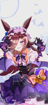 1girl animal_ears bat_(animal) bat_wings black_gloves blush bow breasts brown_hair claw_pose corset disney_o626 fang flipped_hair frilled_hairband frills gloves hair_over_one_eye hairband halloween halloween_costume highres horse_ears horse_girl horse_tail jack-o&#039;-lantern_ornament lace lace-trimmed_gloves lace_trim long_hair looking_at_viewer official_alternate_costume open_mouth puffy_short_sleeves puffy_sleeves purple_eyes purple_skirt purple_wings rice_shower_(make_up_vampire!)_(umamusume) rice_shower_(umamusume) shirt short_sleeves skirt smile solo spider_web_print tail umamusume white_shirt wings