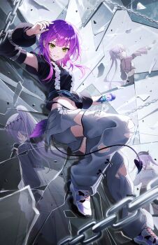 1girl absurdres black_collar black_nails black_shirt broken_glass center-flap_bangs chain collar commentary demon_girl demon_tail detached_pants detached_sleeves double-parted_bangs ear_piercing glass gradient_hair green_eyes grin highleg highleg_panties highres holding holding_microphone hololive hololive_idol_uniform_(color_rise) knee_up long_hair long_sleeves looking_at_viewer lying messy_hair microphone multicolored_hair navel_piercing official_alternate_costume on_back panties pants panty_straps piercing pink_hair pointy_ears puffy_detached_sleeves puffy_sleeves purple_hair shirt shoes short_sleeves smile sneakers solo star-ring tail tail_ornament tail_piercing tokoyami_towa tokoyami_towa_(1st_costume) tokoyami_towa_(break_your_xxx) torn_clothes torn_pants underwear virtual_youtuber white_pants white_shoes