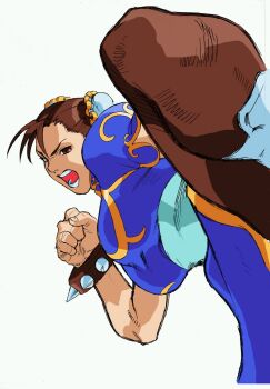 Rule 34 | bengus, boots, bracelet, capcom, chinese clothes, chun-li, clenched hand, double bun, hair bun, high kick, highres, incoming kick, jewelry, kicking, marvel super heroes vs. street fighter, marvel vs. capcom, marvel vs. capcom 1, official art, shouting, simple background, spiked bracelet, spikes, street fighter