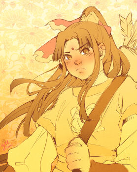 1boy arrow_(projectile) bindi blush brown_eyes brown_hair chinese_clothes closed_mouth commentary english_commentary facial_mark floral_background floral_print forehead_mark frown hair_ornament high_ponytail jin_ling long_hair looking_at_viewer male_focus modao_zushi monochrome parted_bangs ponytail quiver ribbon shoulder_strap sidelocks solo upper_body xiao_guan_(headdress) yellow_hanfu yellow_theme yutaan