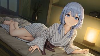 1girl antique_phone barefoot bath_yukata bed_invitation blue_eyes blue_hair braid closed_mouth commentary_request commission corded_phone feet fish_hair_ornament flower fusuma futon grey_kimono hair_ornament highres indoors japanese_clothes kamo_ashi kimono lantern long_hair long_sleeves looking_at_viewer low_twintails lying on_side original phone red_flower rotary_phone skeb_commission sliding_doors smile solo tatami toes twintails vase wide_sleeves yukata