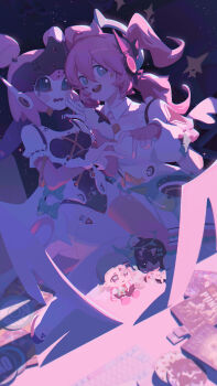 1girl absurdres angels_of_delusion aria_(zenless_zone_zero) character_doll commentary_request doll dress fingerless_gloves gloves green_eyes hair_between_eyes halo halo_behind_head heart heart_hands heart_hands_duo highres humanoid_robot hy_jinx joints long_hair mechanical_ears nangong_yu pink_hair puffy_short_sleeves puffy_sleeves robot robot_girl robot_joints short_sleeves sitting smile sunna_(zenless_zone_zero) teeth upper_teeth_only white_dress zenless_zone_zero