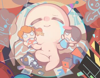 1boy character_doll child children's_day closed_eyes closed_mouth crying dice doll father_(the_binding_of_isaac) guppy_(the_binding_of_isaac) hand_puppet happy highres holding holding_doll isaac_(the_binding_of_isaac) lying mother_(the_binding_of_isaac) navel on_back puppet smile streaming_tears stuffed_animal stuffed_toy tears the_binding_of_isaac tooza toy