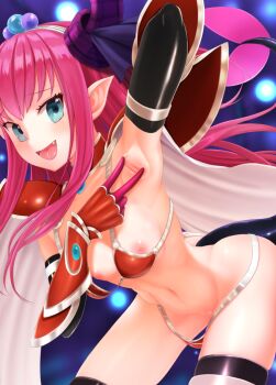 1girl aqua_eyes armor armpits bikini_armor breasts cleft_of_venus denkaisui elizabeth_bathory_(brave)_(fate) elizabeth_bathory_(fate) fangs fate/grand_order fate_(series) female_focus long_hair looking_at_viewer loose_bikini navel nipples open_mouth pauldrons purple_hair shoulder_armor small_breasts solo spread_armpit teeth tongue