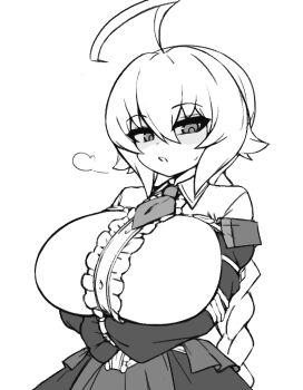 Rule 34 | 1girl, ahoge, arms under breasts, blazblue, braid, braided ponytail, breasts, crossed arms, es (xblaze), hair between eyes, huge ahoge, huge breasts, long hair, looking at viewer, monochrome, necktie, open mouth, pldf, shaded face, shirt, sidelocks, solo, tented shirt, white background, white shirt