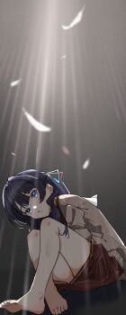 Rule 34 | 1girl, absurdres, bare legs, barefoot, blue eyes, blue hair, blue ribbon, brown cardigan, brown dress, cardigan, commentary, dress, falling feathers, feathers, feet, full body, hair ribbon, hajimari no haneoto, half updo, hasu no sora school uniform, highres, link! like! love live!, llb, long hair, long sleeves, love live!, murano sayaka, open cardigan, open clothes, parted lips, red ribbon, ribbon, sailor collar, sailor dress, school uniform, sitting, soles, solo, virtual youtuber, white feathers, white sailor collar, winter uniform