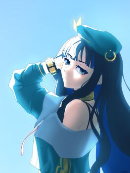 1girl absurdres bare_shoulders beret black_hair blue_hair bracelet breasts colored_inner_hair dantonphanton eyeliner fate/grand_order fate_(series) green_hat green_jacket grey_eyes hat highres jacket jewelry long_hair long_sleeves looking_at_viewer makeup medium_breasts multicolored_hair neck_ring o-ring off_shoulder sidelocks solo tenochtitlan_(fate) tenochtitlan_(second_ascension)_(fate)