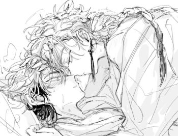 2boys bare_shoulders bathrobe blush braid braided_ponytail breath commentary_request earrings greyscale hand_in_another&#039;s_hair hand_on_another&#039;s_head heads_together hickey jewelry kiss long_hair looking_at_another lying male_focus monochrome multicolored_hair multiple_boys off_shoulder on_back on_bed parted_lips pillow profile robe shiguang_dailiren short_hair simple_background single_braid single_earring sketch sorry_okk sweat tassel tassel_earrings two-tone_hair white_background xia_fei xiao_weiying yaoi