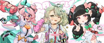 3girls angels_of_delusion aqua_hair aqua_streaks aria_(zenless_zone_zero) arm_up arm_warmers artist_collaboration bandaid bandaid_hair_ornament bangboo_(zenless_zone_zero) bare_shoulders black_hair blue_eyes blush bow bowtie center_frills checkered_necktie clothing_cutout collar collarbone colored_inner_hair commentary detached_sleeves dress english_commentary fang fingerless_gloves frilled_sleeves frills fur-trimmed_sleeves fur_trim gloves glowstick green_bow green_bowtie green_eyes green_hair green_halo hair_bow hair_ornament halo heart heart_hair_ornament highres holding holding_glowstick kghazir looking_at_viewer multicolored_hair multiple_girls multiple_hair_bows multiple_hair_clips nangong_yu navel navel_cutout necktie one_eye_closed open_mouth penlight_(glowstick) pink_arm_warmers pink_bag pink_bow pink_gloves pink_hair red_eyes red_necktie shirt short_twintails sketchy_guy01 sleeve_bow streaked_hair striped_arm_warmers sunna_(zenless_zone_zero) sweat twintails w white_background white_dress white_shirt white_wings winged_bag wings zenless_zone_zero