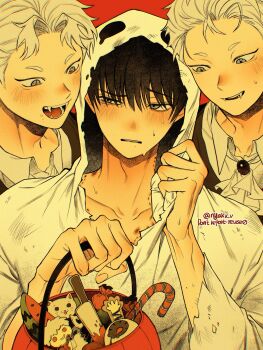 3boys bite_mark bite_mark_on_shoulder black_hair blush dual_persona fangs ghost_costume grey_eyes halloween highres hikaru_ga_shinda_natsu indou_hikaru indou_hikaru_(human) male_focus mole mole_on_cheek mole_on_neck mole_under_eye mole_under_mouth multiple_boys multiple_moles nyakv_v red_background red_pupils short_hair simple_background sweat teeth tsujinaka_yoshiki twitter_username vampire_costume white_hair