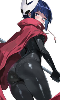 1girl absurdres ass audio_jack black_bodysuit black_eyes blue_hair blunt_bangs bodysuit boku_no_hero_academia breasts cloak cosplay from_behind highres hollow_knight hornet_(hollow_knight) hornet_(hollow_knight)_(cosplay) jiro_kyoka long_earlobes looking_at_viewer looking_back mask mask_on_head needle_(hollow_knight) red_cloak short_hair sidelocks simple_background small_breasts solo white_background white_mask zd_(pixiv6210083)