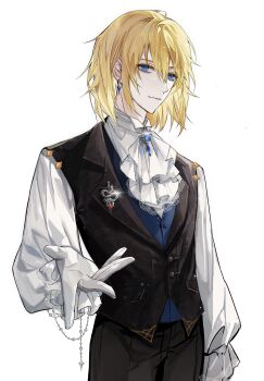 1boy absurdres ascot bishounen black_pants black_vest blonde_hair blue_eyes blue_gemstone blue_shirt blue_vest brooch call_of_cthulhu chain chinese_commentary closed_mouth collared_shirt cowboy_shot earrings eyelashes formal_clothes frilled_sleeves frills gem glint gloves hair_between_eyes highres jewelry light_smile long_sleeves looking_at_viewer male_focus medium_hair nidexintu outstretched_arm outstretched_hand pants shirt short_hair simple_background single_earring smile solo standing vest white_ascot white_background white_gloves white_shirt