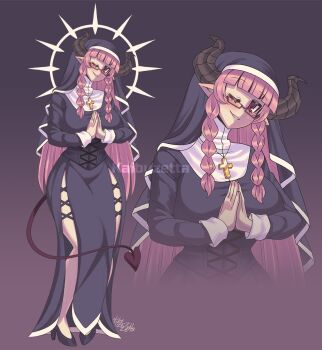 1girl adoptable artist_name black_dress blunt_bangs blush braid breasts commentary cross cross_necklace demon_girl demon_horns demon_tail dress english_commentary full_body glasses highres horns jewelry kaibuzetta large_breasts latin_cross long_dress long_hair long_sleeves looking_at_viewer multiple_views necklace one_eye_closed original own_hands_together palms_together parted_lips pink_hair pointy_ears purple_background red_eyes signature smile standing tail twin_braids