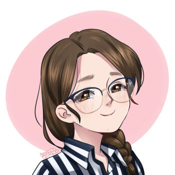 1girl artist_self-insert braid braided_ponytail brown_eyes brown_hair commentary_request glasses hair_over_shoulder highres korzynka_persykiv mole original over-rim_eyewear portrait semi-rimless_eyewear shirt signature single_braid smile solo striped_clothes striped_shirt ukrainian_commentary vertical-striped_clothes vertical-striped_shirt