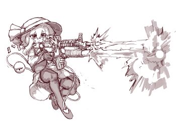 Rule 34 | 1girl, blush, commentary, eyeball, firing, greyscale, gun, hat, hat ribbon, heart, heart-shaped pupils, highres, holding, holding gun, holding weapon, komeiji koishi, korean commentary, long sleeves, monochrome, rampa93, ribbon, rifle, shell casing, shirt, shoes, skirt, smile, solo, symbol-shaped pupils, thighhighs, third eye, touhou, weapon, wide sleeves