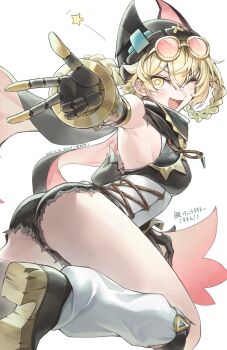 1girl ass ass_focus bad_tag bare_shoulders blonde_hair blush braid breasts fang from_behind genshin_impact goggles goggles_on_head jahoda_(genshin_impact) koppepan long_hair looking_at_viewer looking_back medium_breasts one_eye_closed open_mouth short_shorts shorts sideboob smile solo wink yellow_eyes