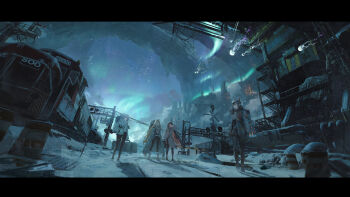 4girls absurdres aurora bandaze black_hair black_pants blonde_hair building coat colored_inner_hair commentary_request diesel_locomotive earmuffs fence freight_train goggles goggles_on_head grey_hair hair_between_eyes hair_over_one_eye hat headset highres jellyfish letterboxed locomotive long_hair multicolored_hair multiple_girls night open_mouth orange_hair original outdoors pants power_lines railing railroad_crossing scenery sidelocks sky snow stairs standing tanker_car traffic_barrel train twintails very_long_hair white_coat white_footwear white_hair white_hat wide_shot