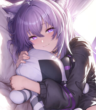 animal_collar animal_ear_fluff animal_ears black_collar black_hoodie cat_ears cat_girl cat_tail collar commentary_request food hololive hood hoodie hugging_object ibuki_notsu light_blush looking_at_viewer lying nekomata_okayu on_bed on_side onigiri purple_eyes purple_hair tail virtual_youtuber wavy_mouth