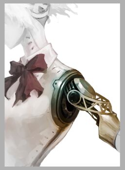 1girl aigis_(persona) android border bow bowtie close-up collared_shirt gateoflabyrinth grey_border headphones mechanical_arms persona persona_3 shirt short_hair sleeveless sleeveless_shirt solo